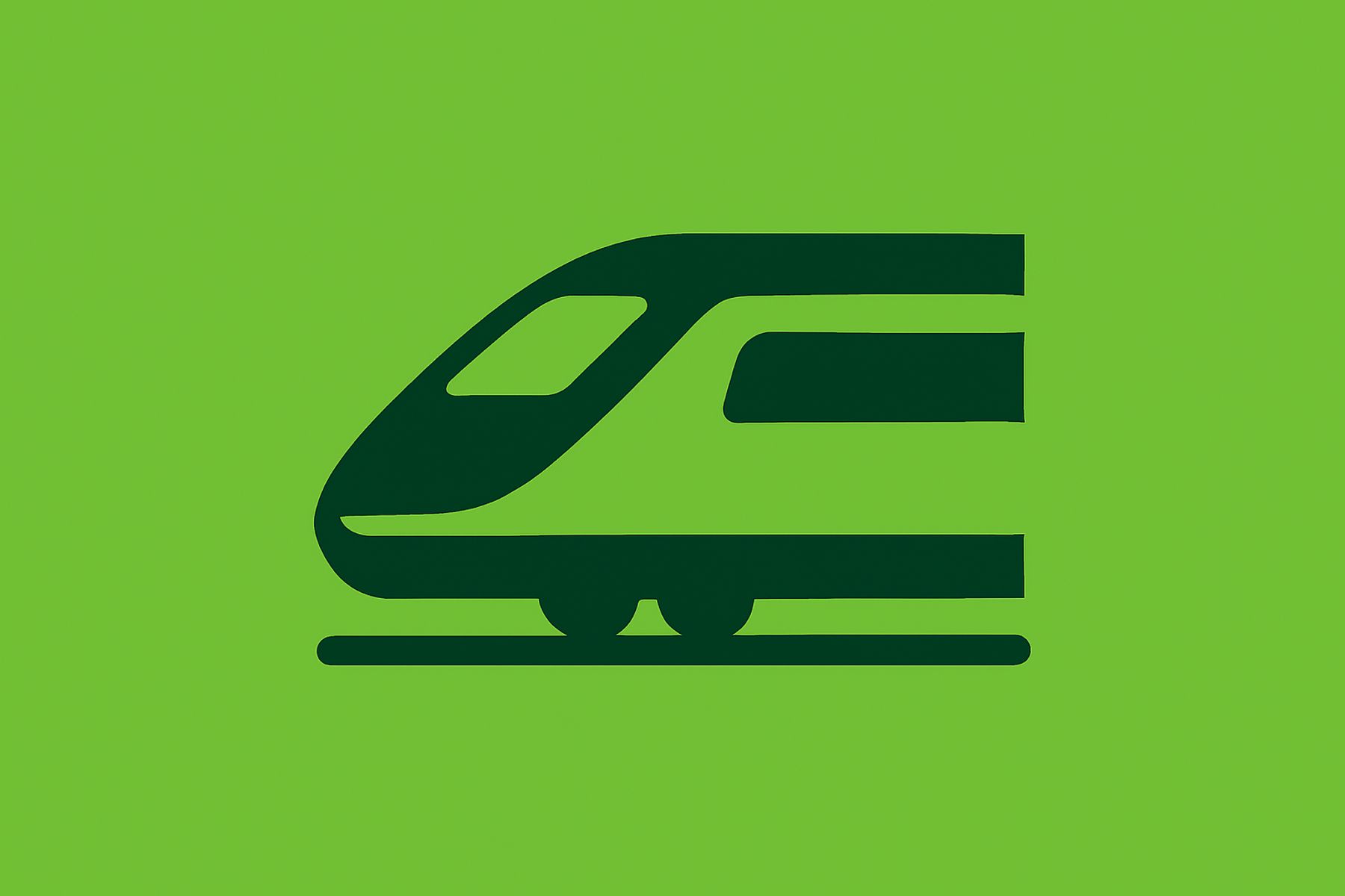 Ein einfaches, dunkelgrünes Symbol eines modernen Hochgeschwindigkeitszuges auf Schienen wird auf einem hellgrünen Hintergrund gezeigt.